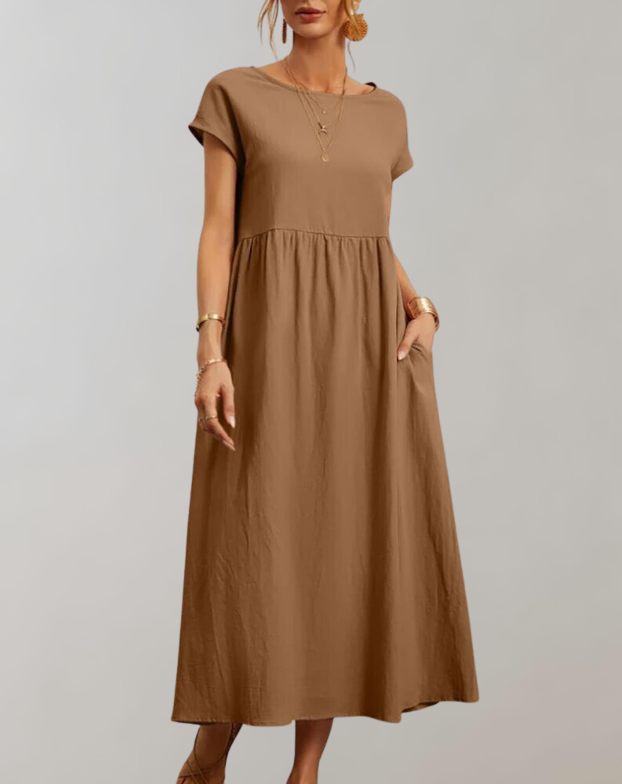 Variant image for Women's Elegant Cotton-Linen Midi Dress with Short Sleeves for Casual and Formal Occasions-21