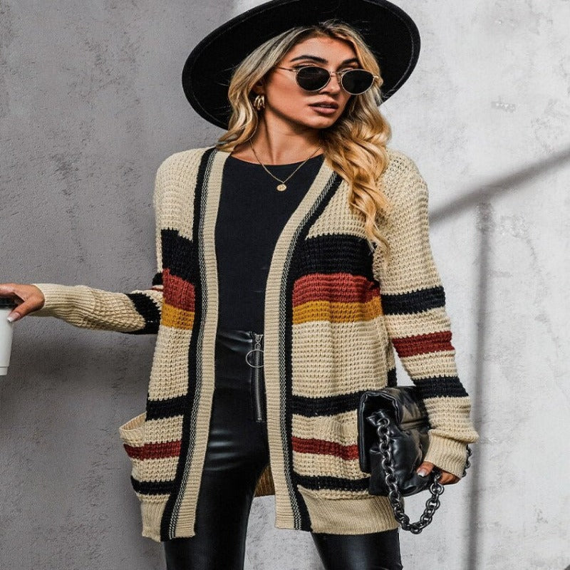 Women's Comfortable Cotton-Blend Cardigan with Striped Pattern and Pockets