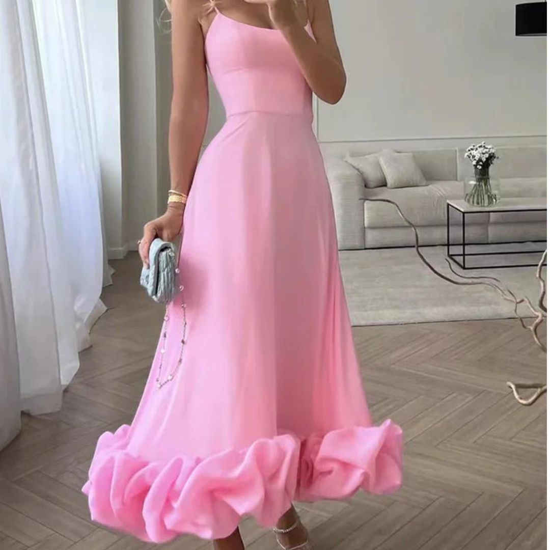 Women's Elegant Polyester Midi Dress with Ruffles for Formal and Cocktail Events
