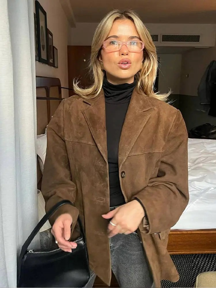 Women's Stylish Suede Trench Coat with Wide Lapels and Oversized Fit