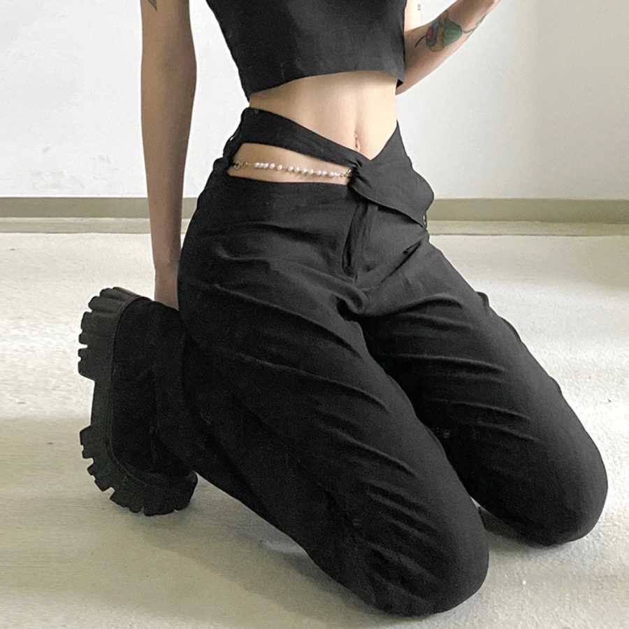 Women's Elegant High Waist Wide Leg Pants with Unique Waistband