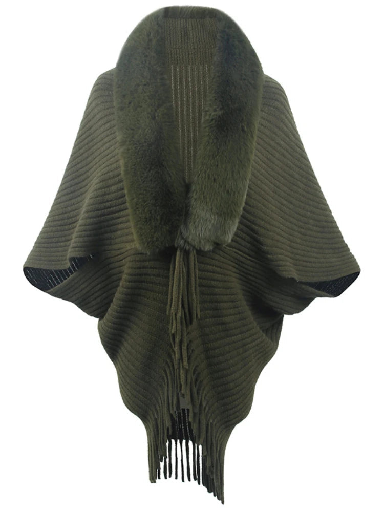 Women's Stylish Faux Fur Shawl with Pompom Ends
