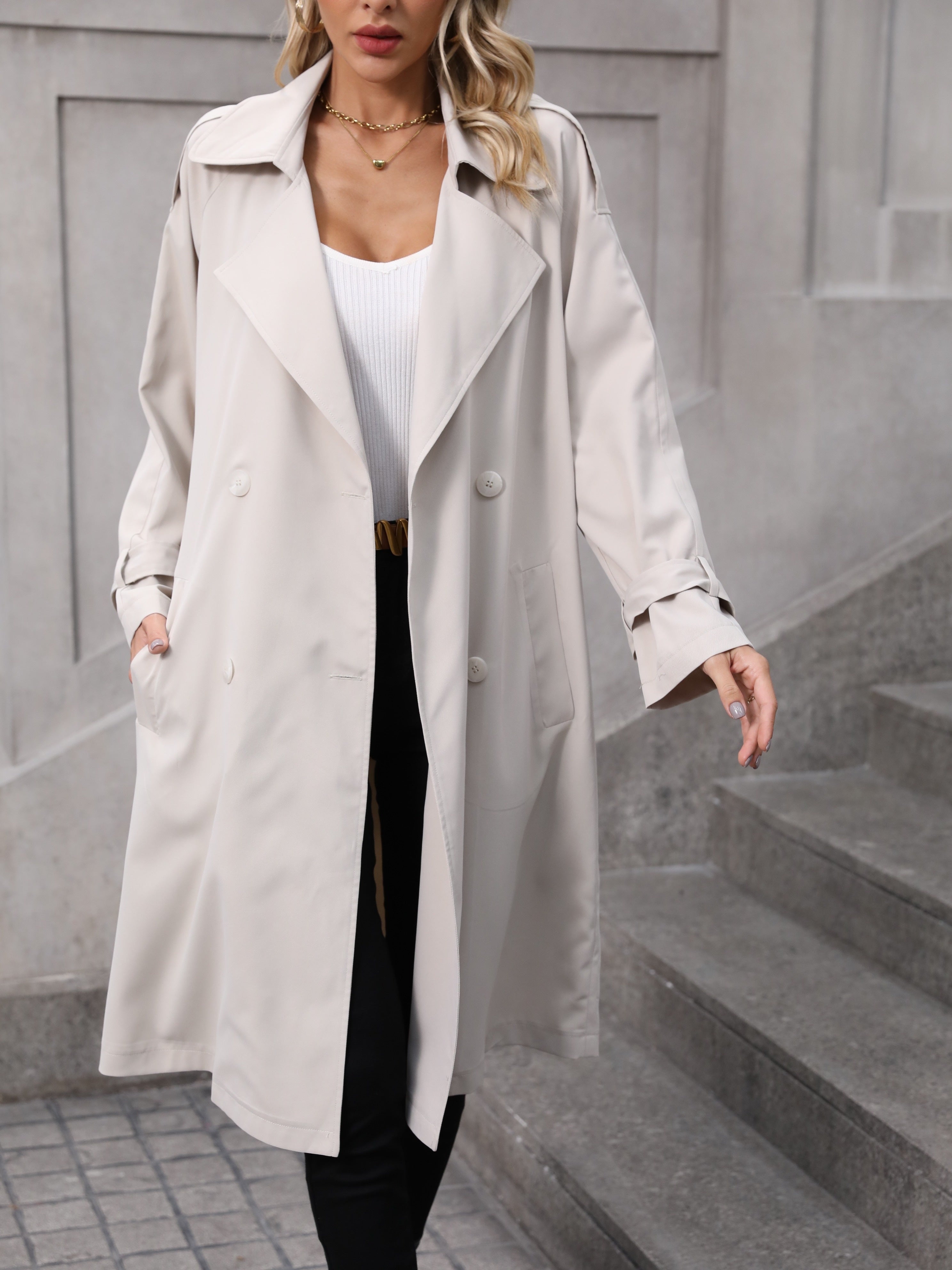 Women's Elegant Polyester Trench Coat with Belted Waist and Double Button Closure