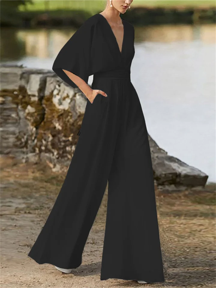Women’s Stylish Wide-Leg V-Neck Jumpsuit with Batwing Sleeves | Perfect for Casual Days
