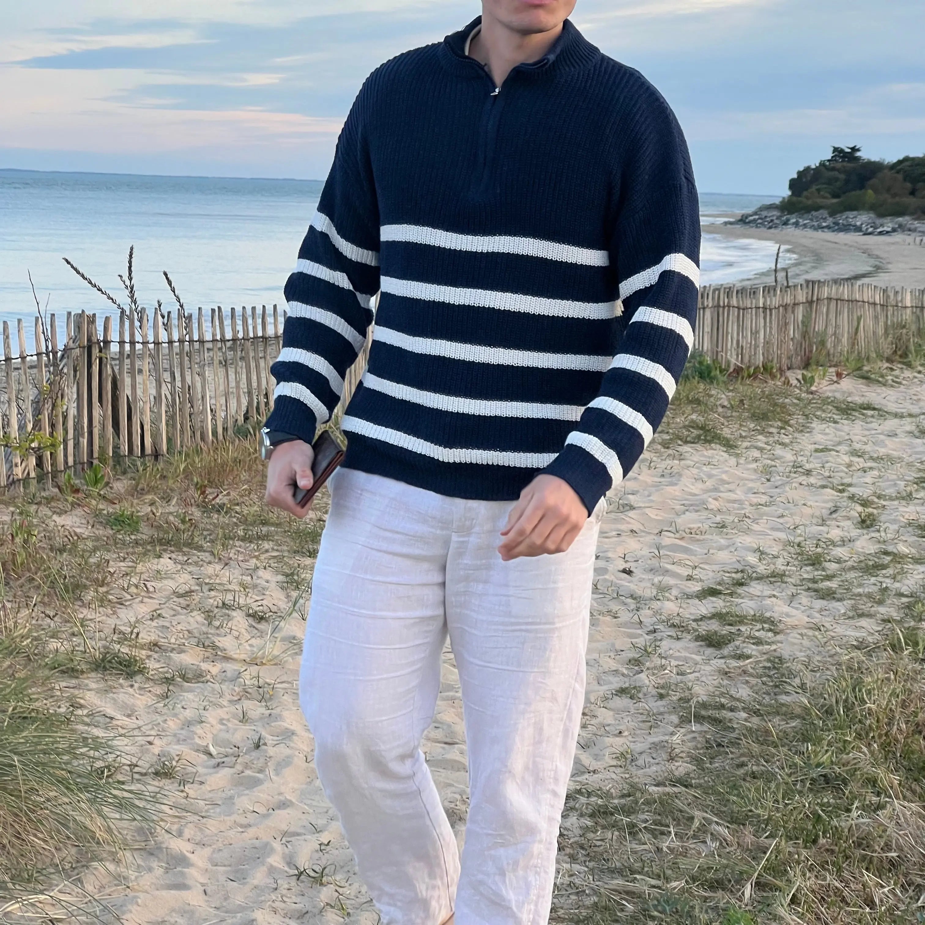 Men's Casual Cotton Half Zip Sweater with Striped Design
