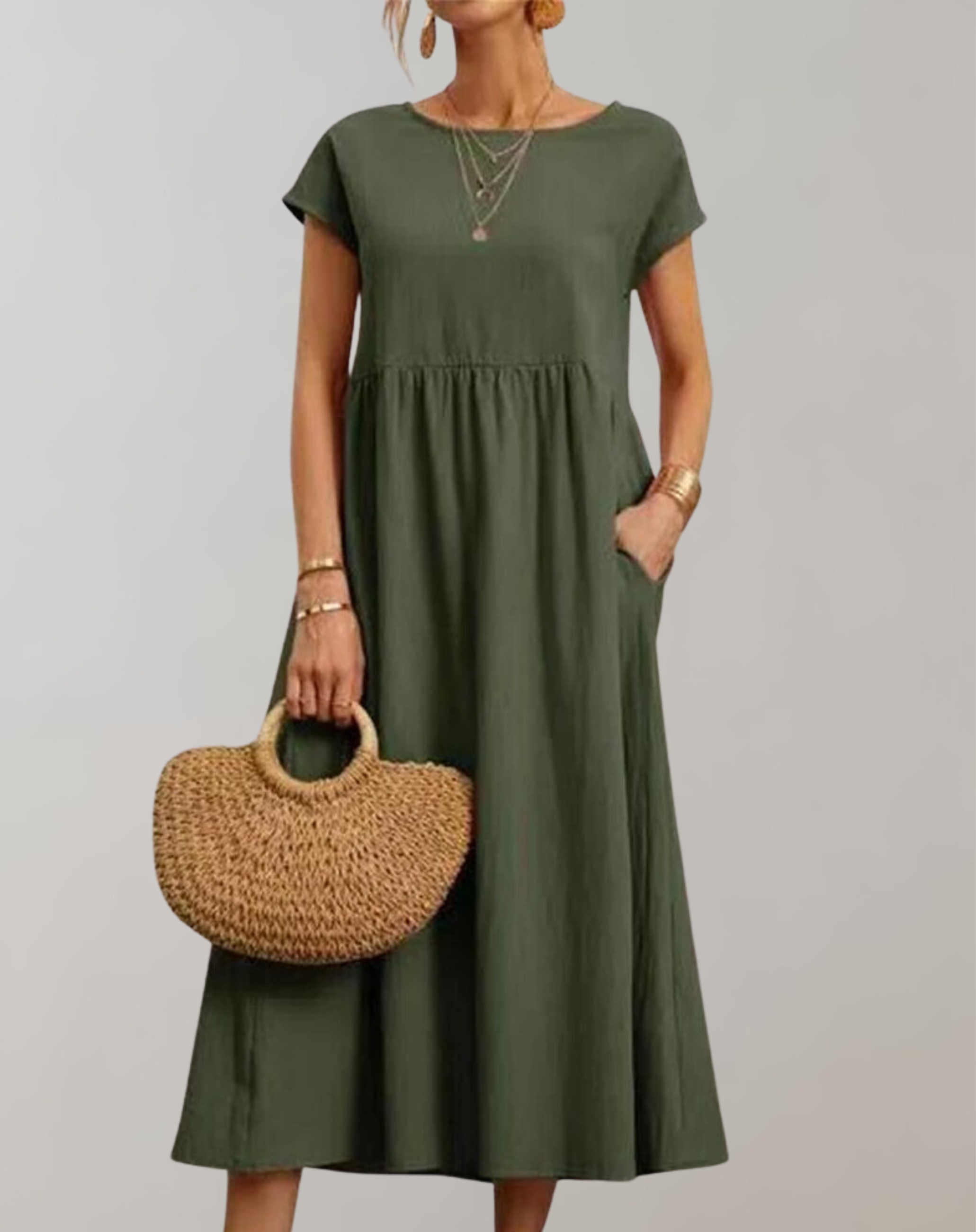 Women's Elegant Cotton-Linen Midi Dress with Short Sleeves for Casual and Formal Occasions