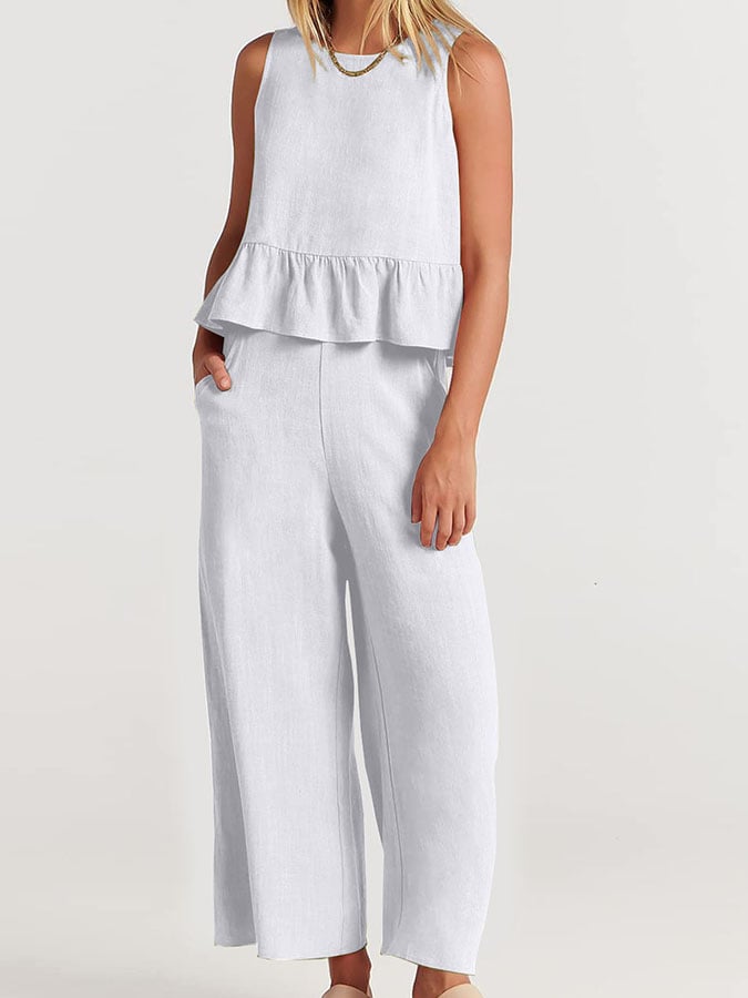 Variant image for Women's Elegant Cotton Linen Loungewear Set with Ruffles-4
