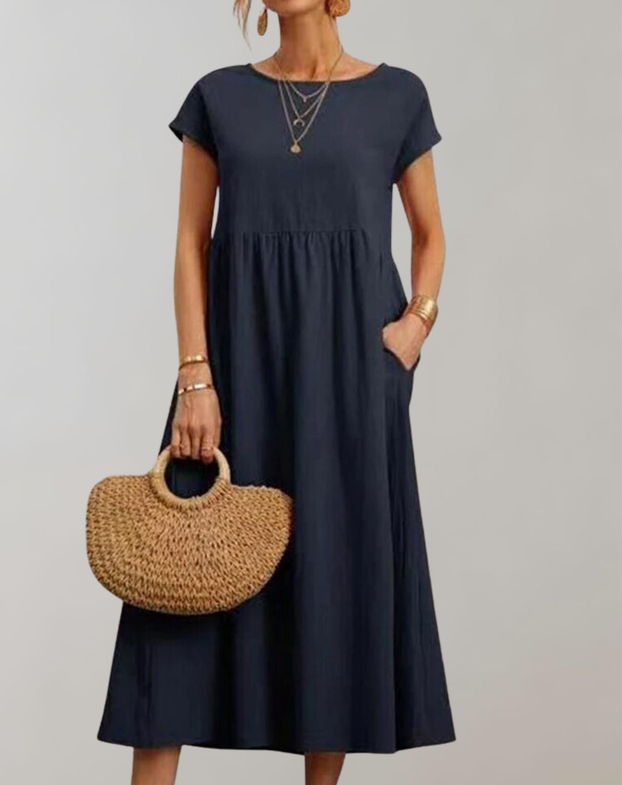 Women's Elegant Cotton-Linen Midi Dress with Short Sleeves for Casual and Formal Occasions