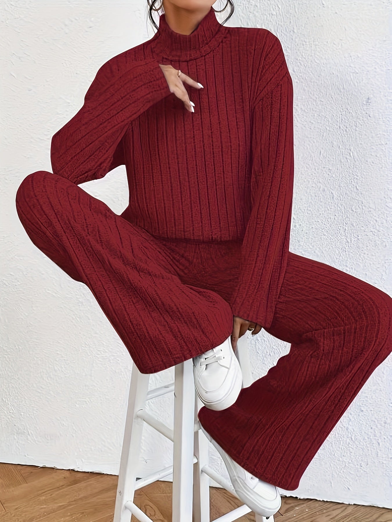 Women's Casual Soft Fabric Sweater Set with Wide Leg Pants