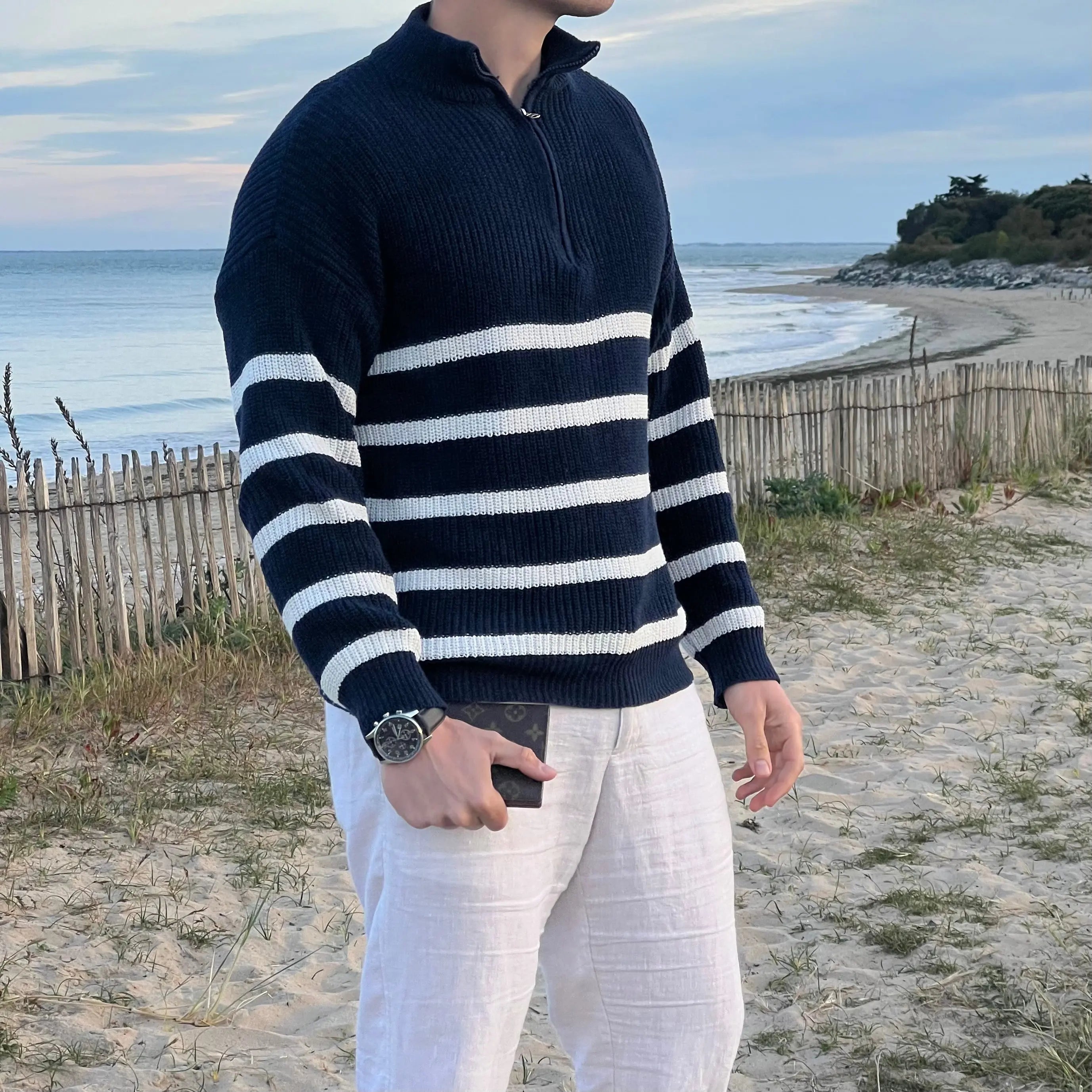Men's Casual Cotton Half Zip Sweater with Striped Design