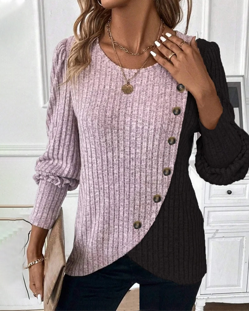 Women’s Stylish Color Block Knit Sweater With Asymmetrical Button | Perfect for All Seasons
