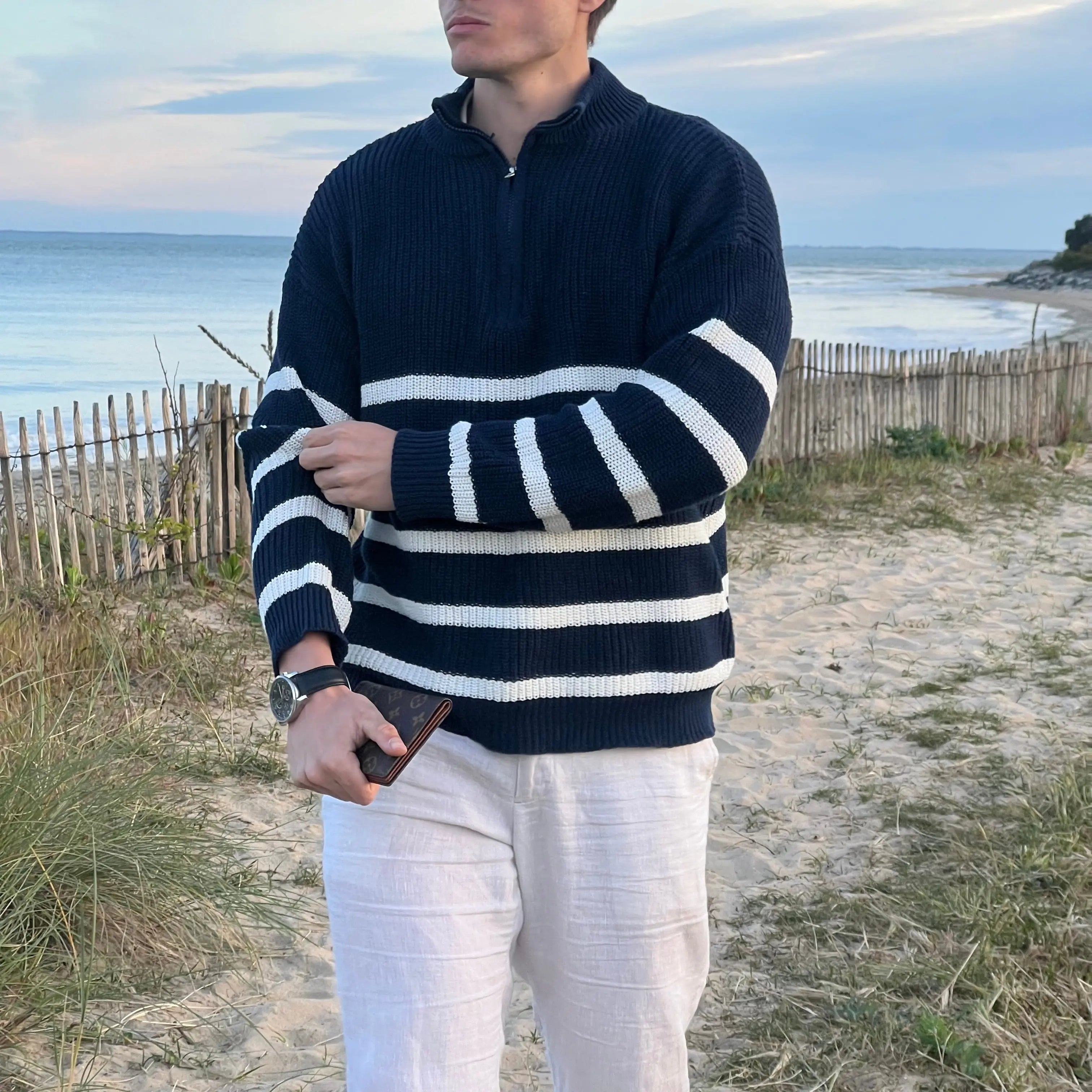 Men's Casual Cotton Half Zip Sweater with Striped Design