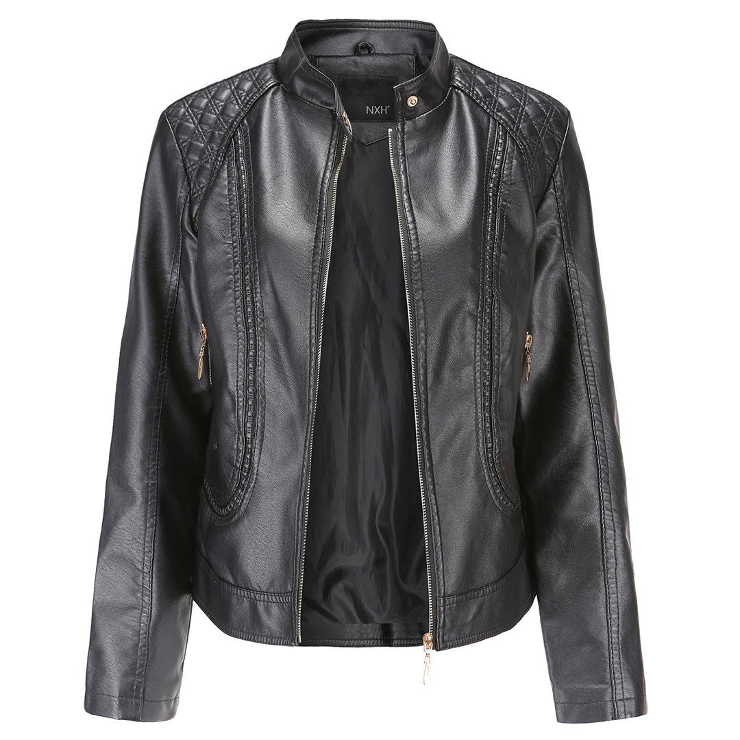 Women's Stylish Leather Jacket with Stand-Up Collar and Zip Closure