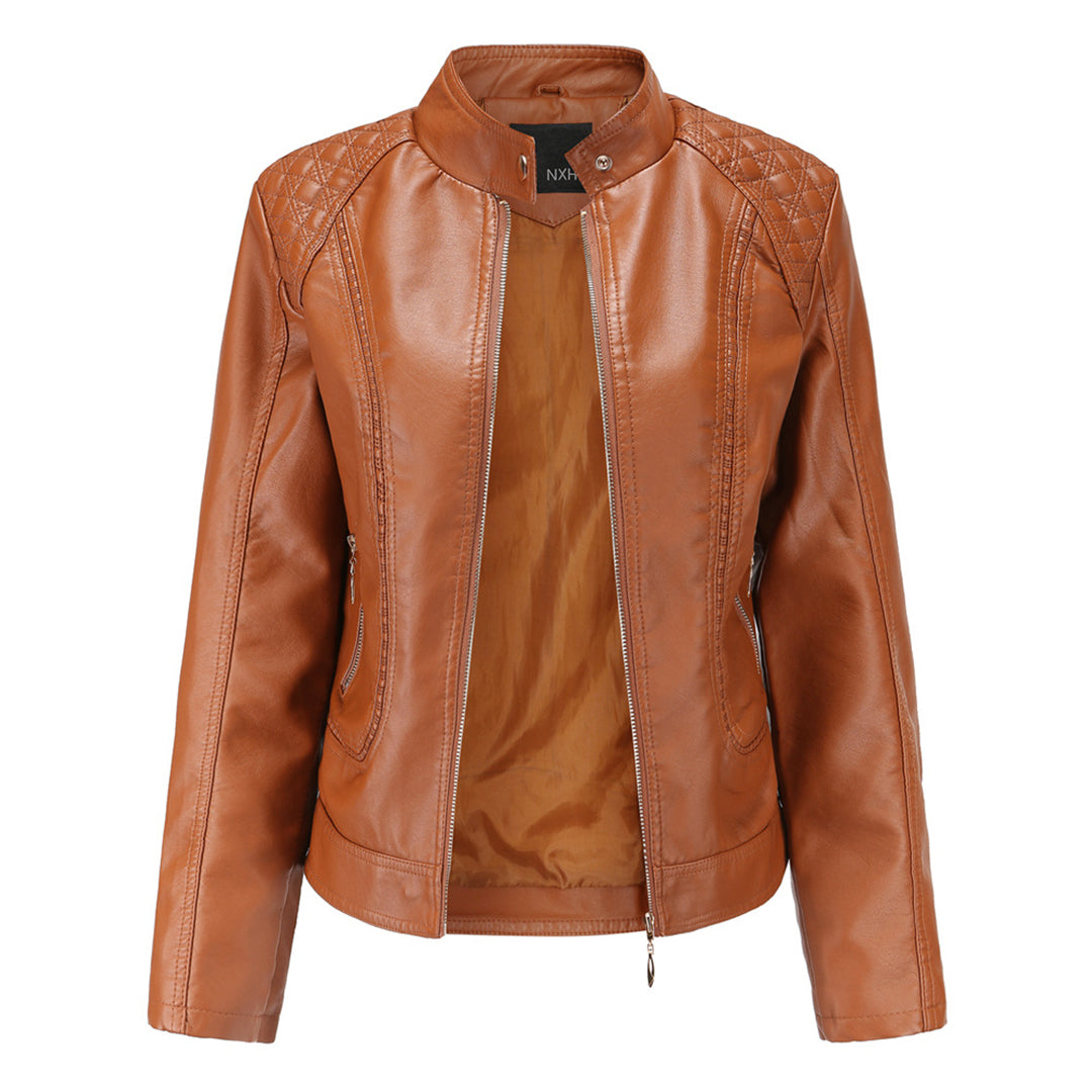 Variant image for Women's Stylish Leather Jacket with Stand-Up Collar and Zip Closure-8