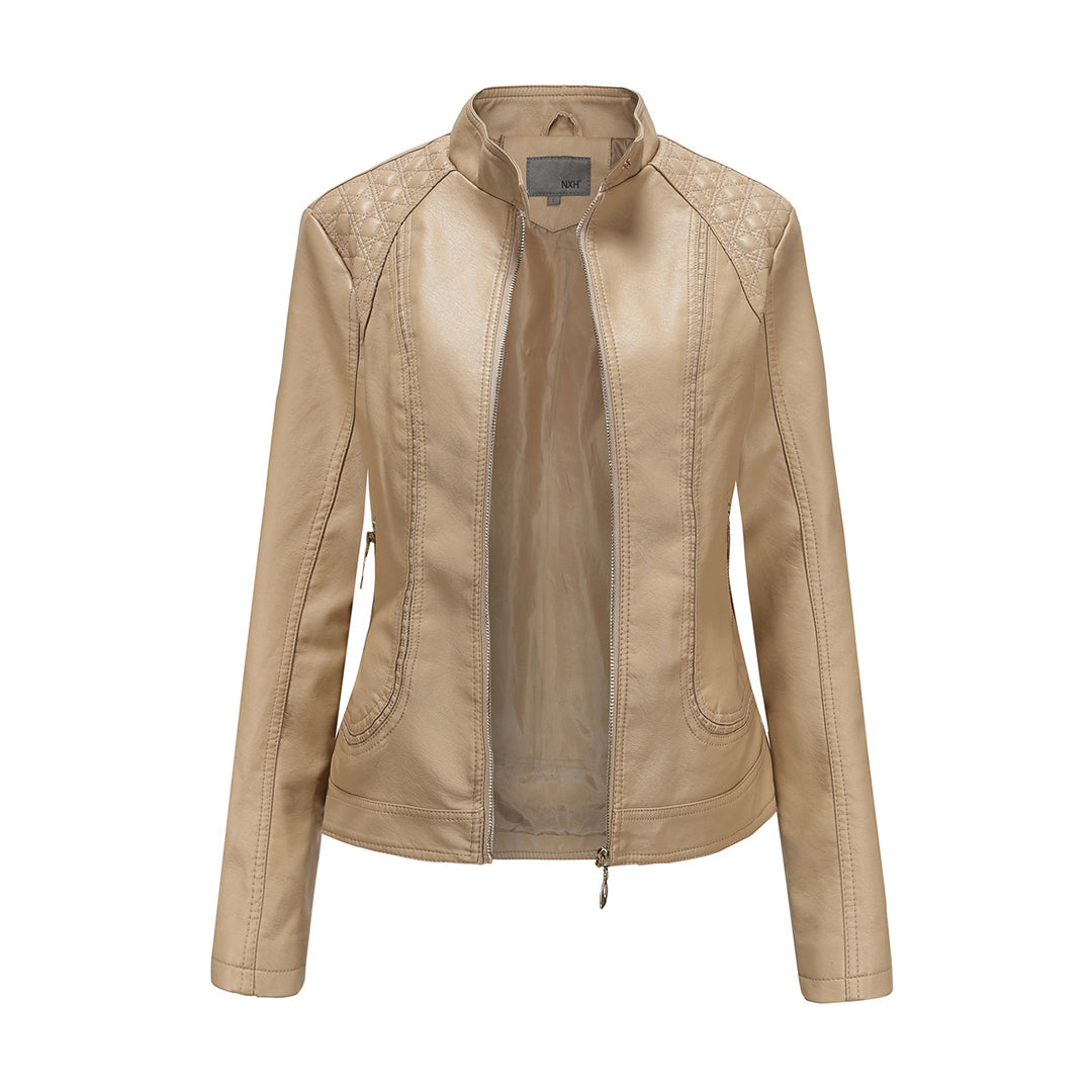 Variant image for Women's Stylish Leather Jacket with Stand-Up Collar and Zip Closure-36