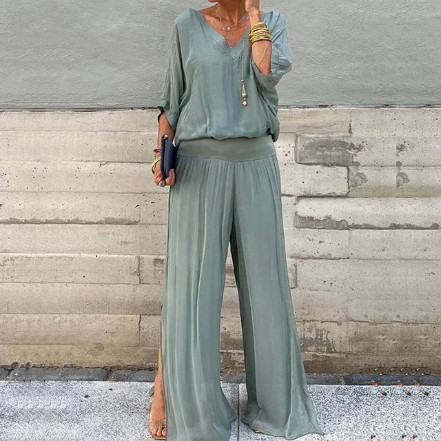 Variant image for Women's Elegant Chiffon Two Piece Set with Wide Leg Pants-13