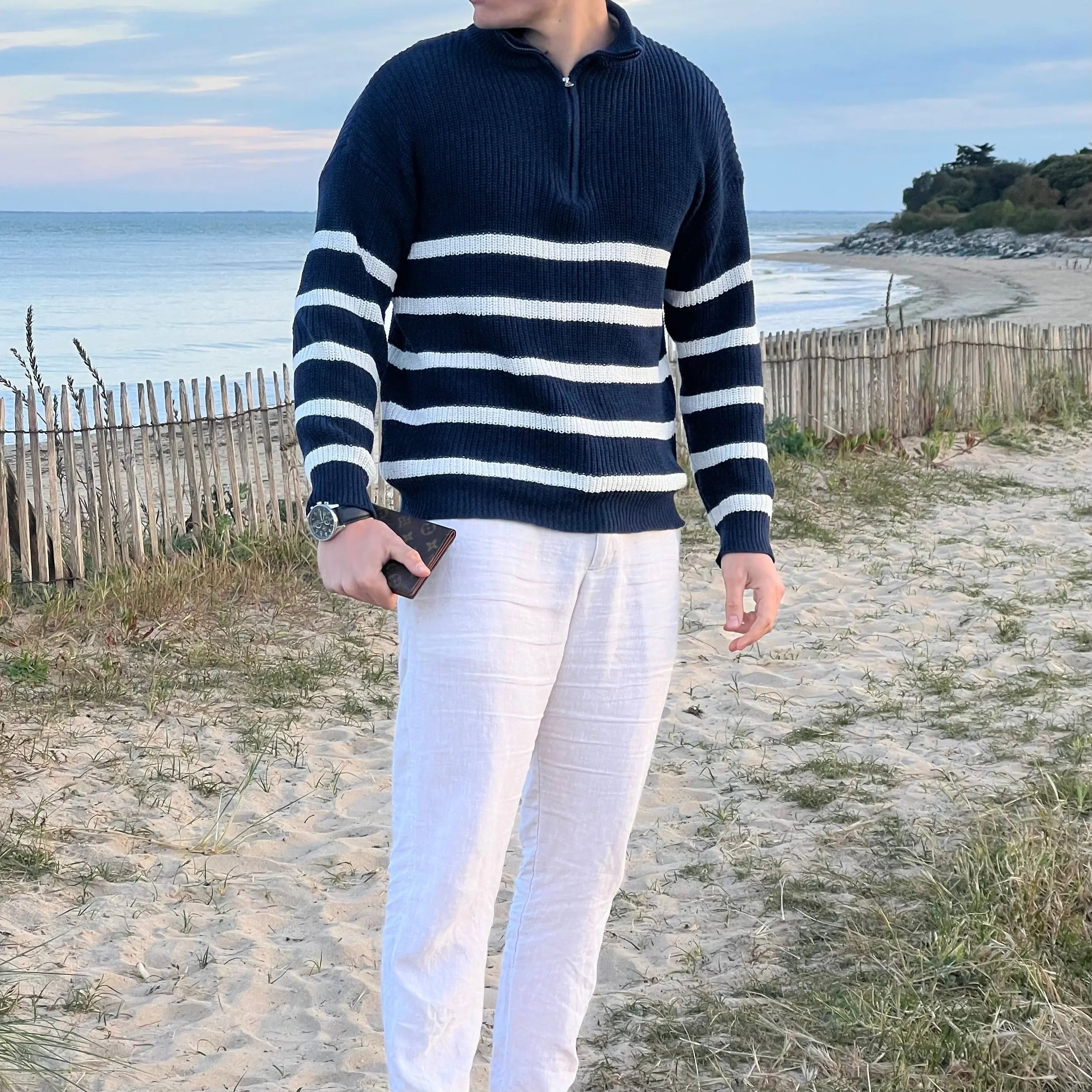 Variant image for Men's Casual Cotton Half Zip Sweater with Striped Design-7