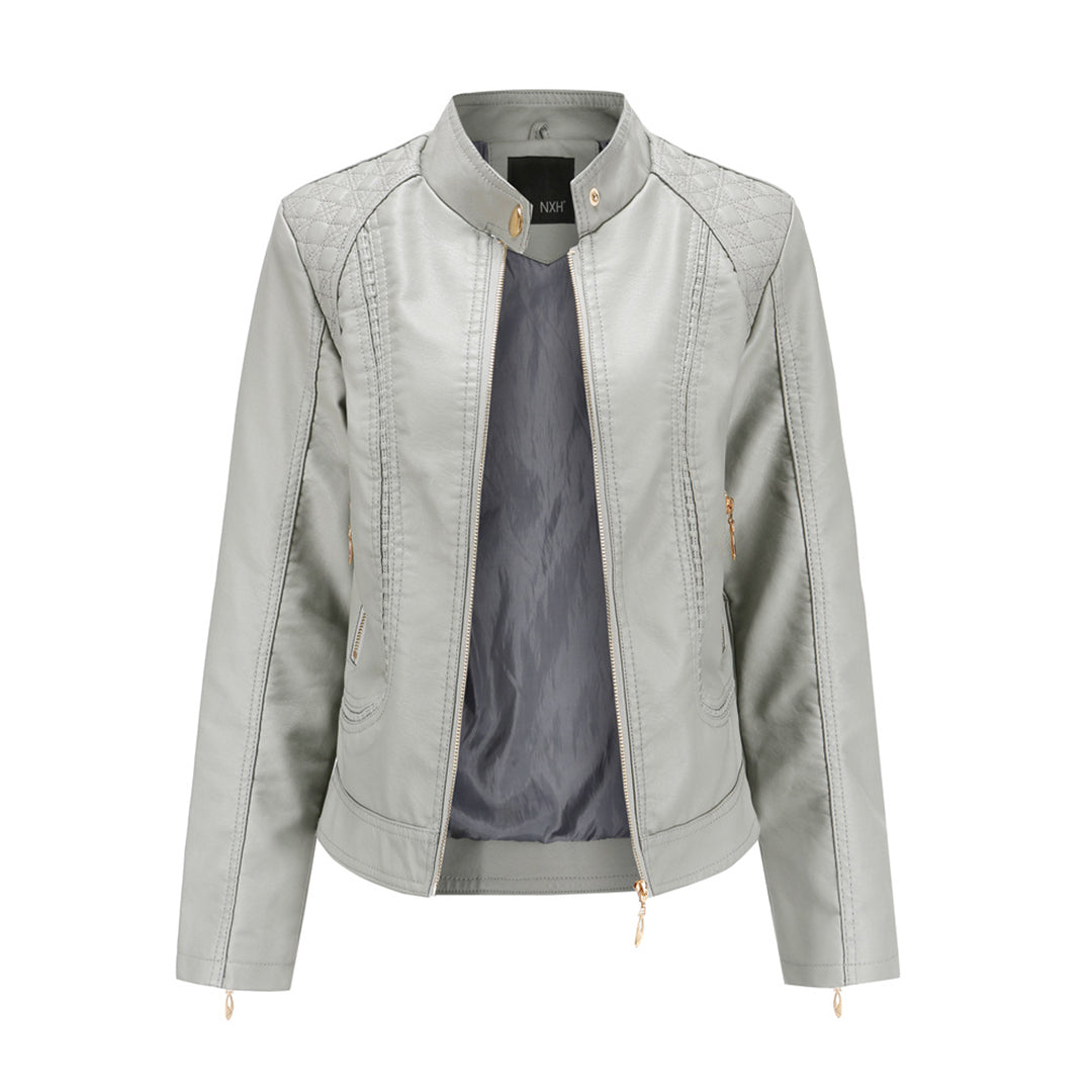 Variant image for Women's Stylish Leather Jacket with Stand-Up Collar and Zip Closure-29