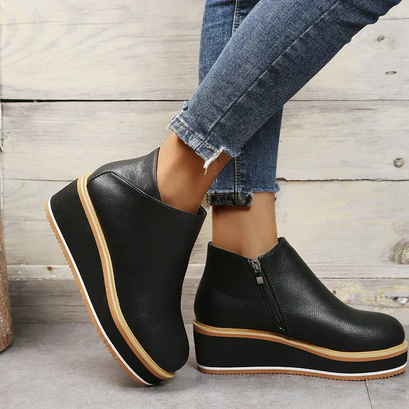 Women's Stylish Leather Ankle Boots with Zipper and Platform Sole