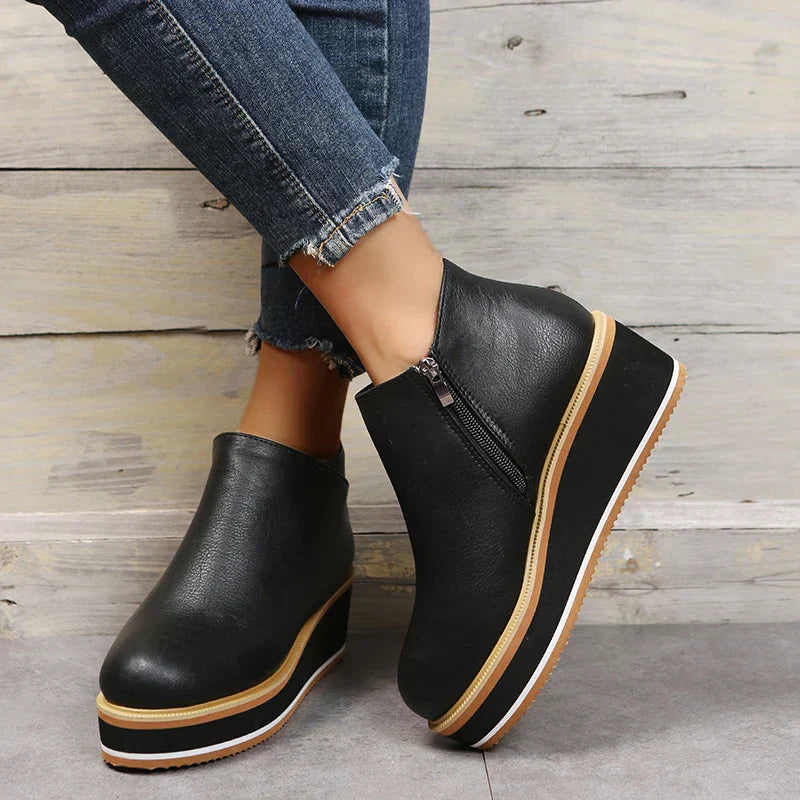 Women's Stylish Leather Ankle Boots with Zipper and Platform Sole