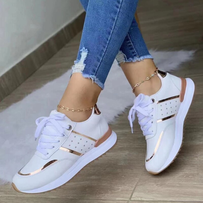 Women's Stylish Color Block Lace Up Sneakers with Gold/Silver Accent | Perfect for All Seasons
