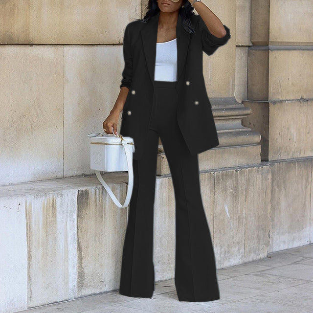 Women's Elegant Buttoned Blazer with Flared Trouser Two-Piece Set | Perfect for All Seasons