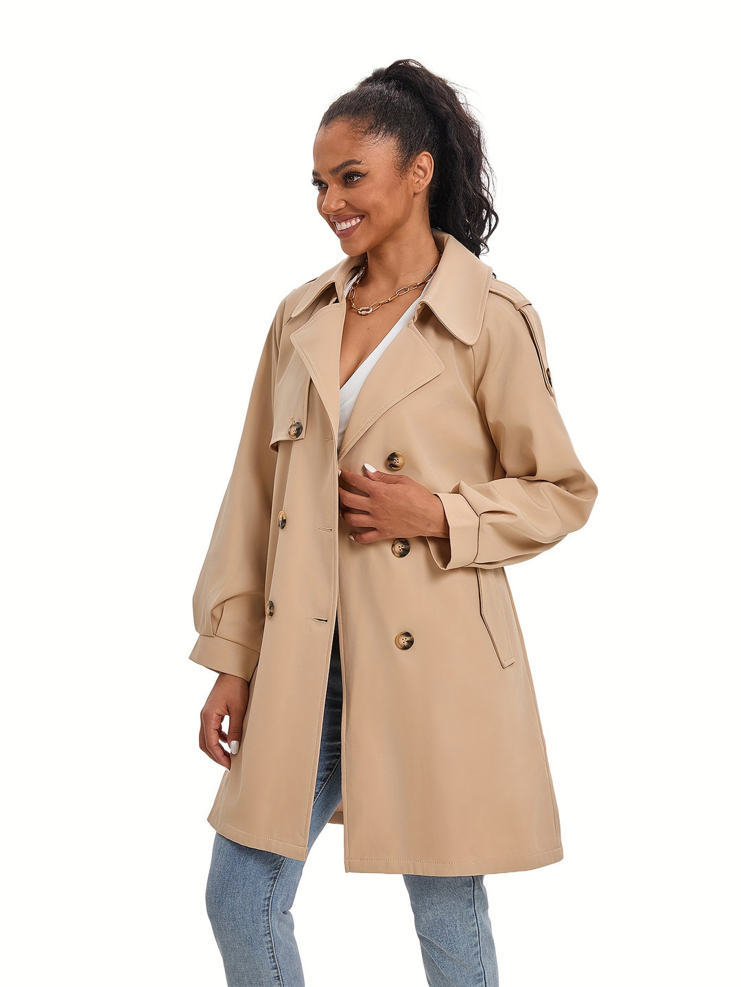 Women's Elegant Double Breasted Puff Sleeve Trenchcoat with Lapel and Button Design | Perfect for All Seasons