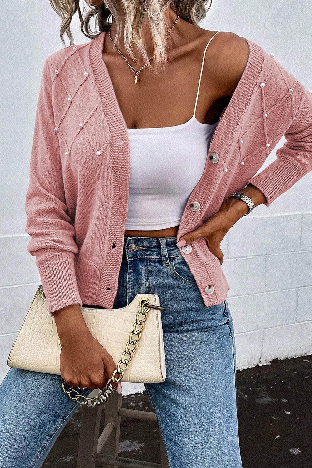 Women's Elegant Textured Mesh Cardigan with Pearl Embellishments