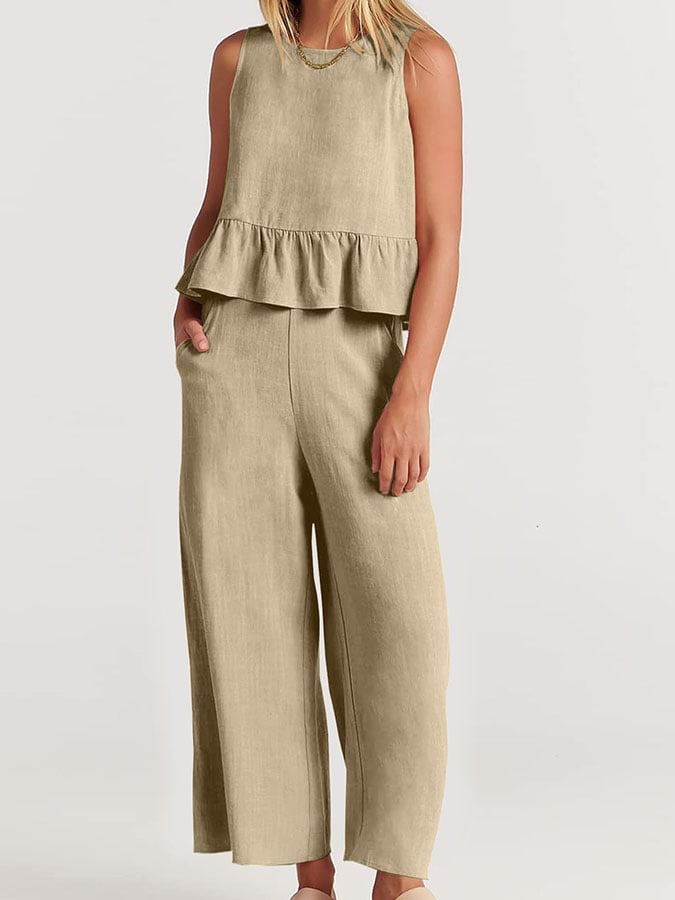 Variant image for Women's Elegant Cotton Linen Loungewear Set with Ruffles-11