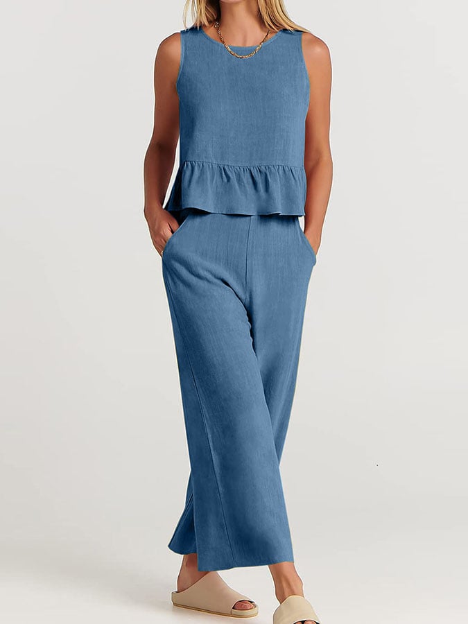 Women's Elegant Cotton Linen Loungewear Set with Ruffles