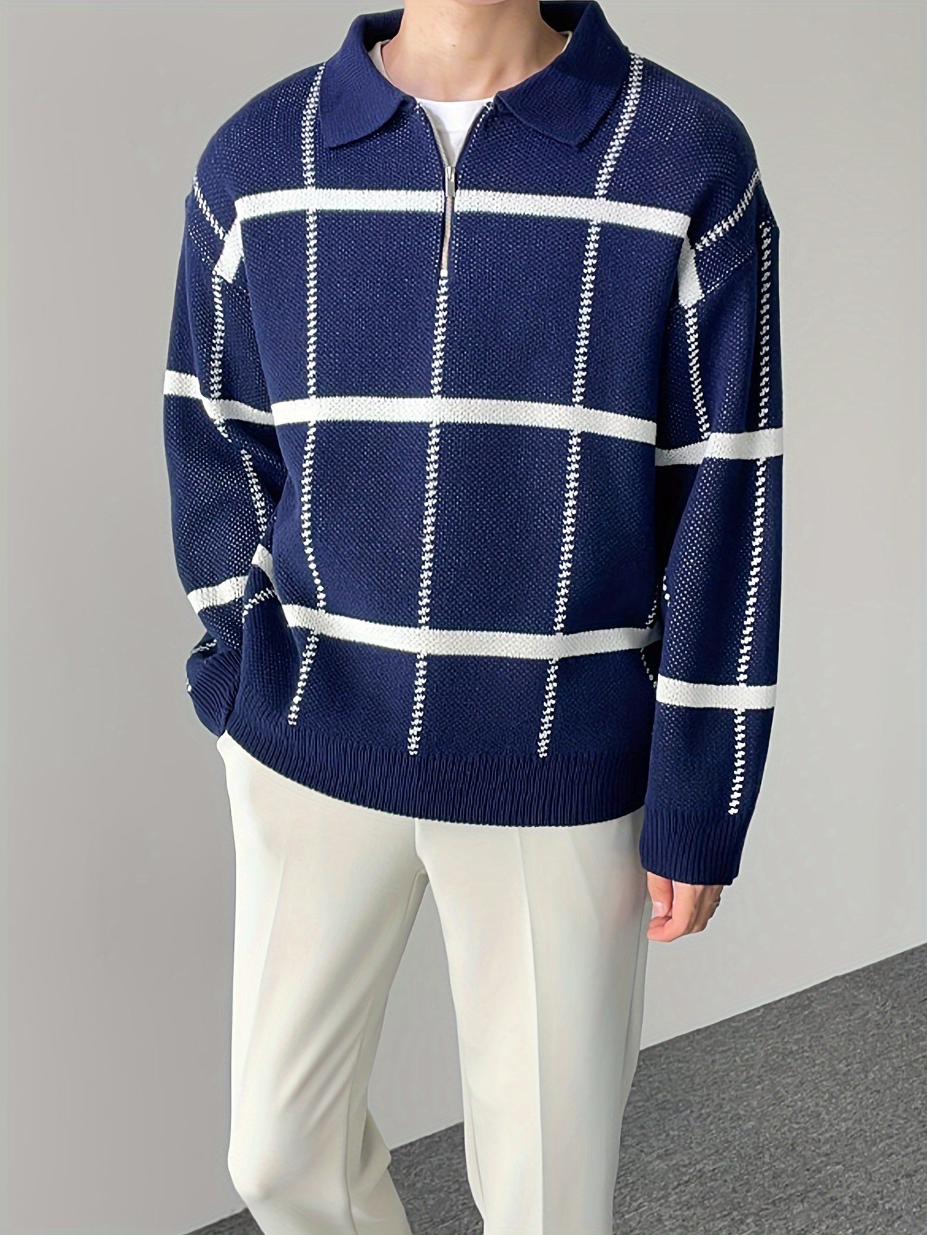 Men's Classic Quarter Zip Turn Down Collar Sweater with Plaid Design | Perfect for All Seasons