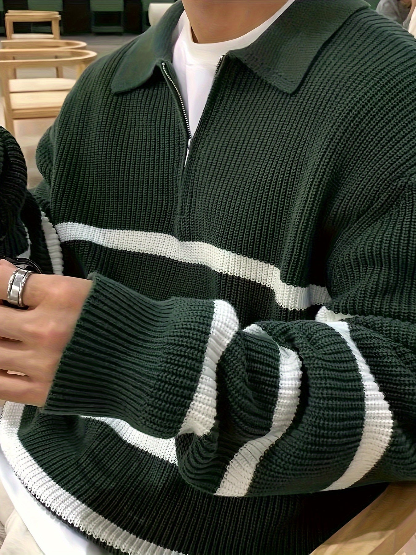 Variant image for Men's Casual Soft Knit Half Zip Sweater with Striped Pattern-7