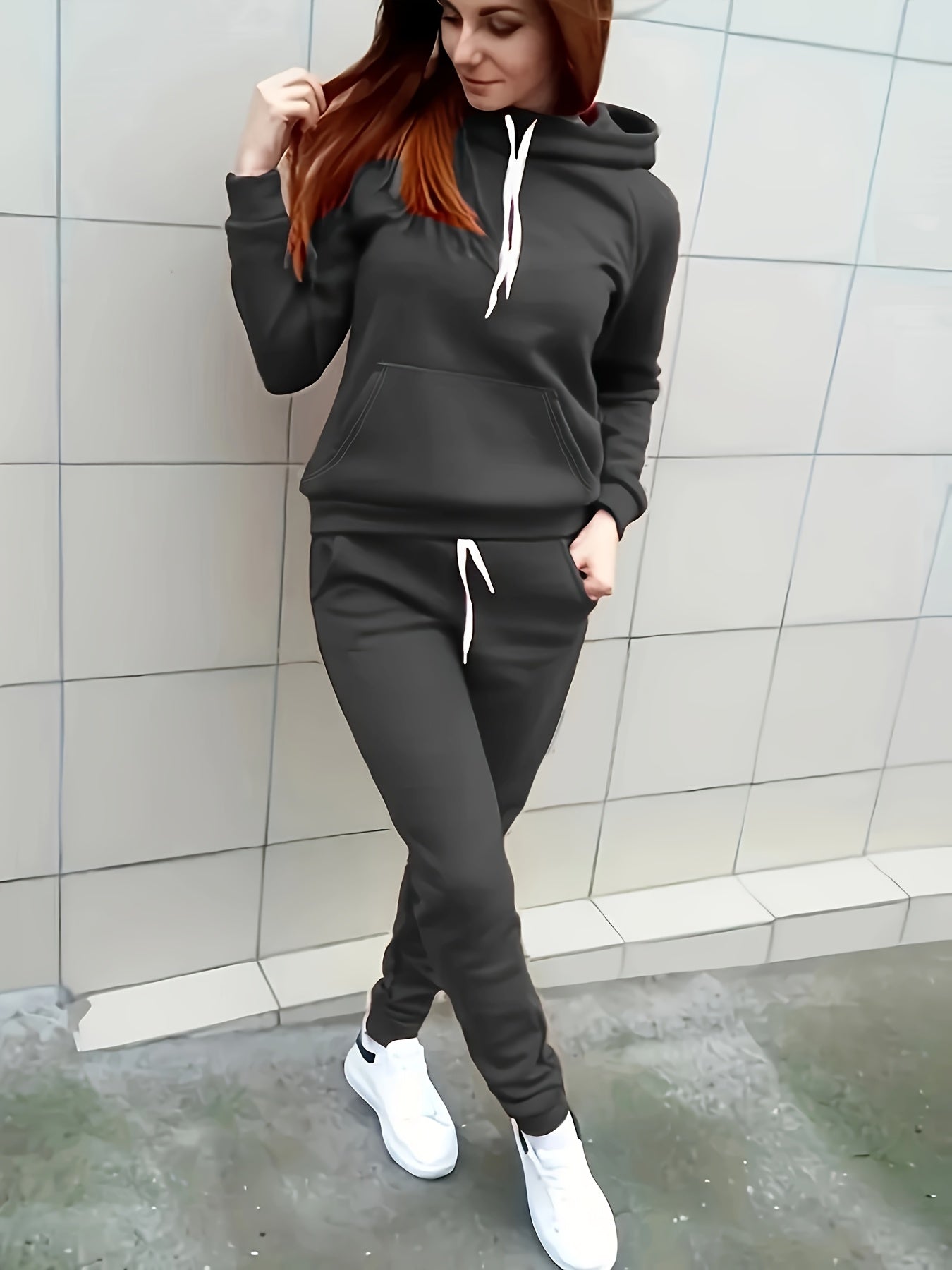 Variant image for Women's Cozy Soft Fabric Hoodie and Jogging Pants Set with Functional Pockets-13