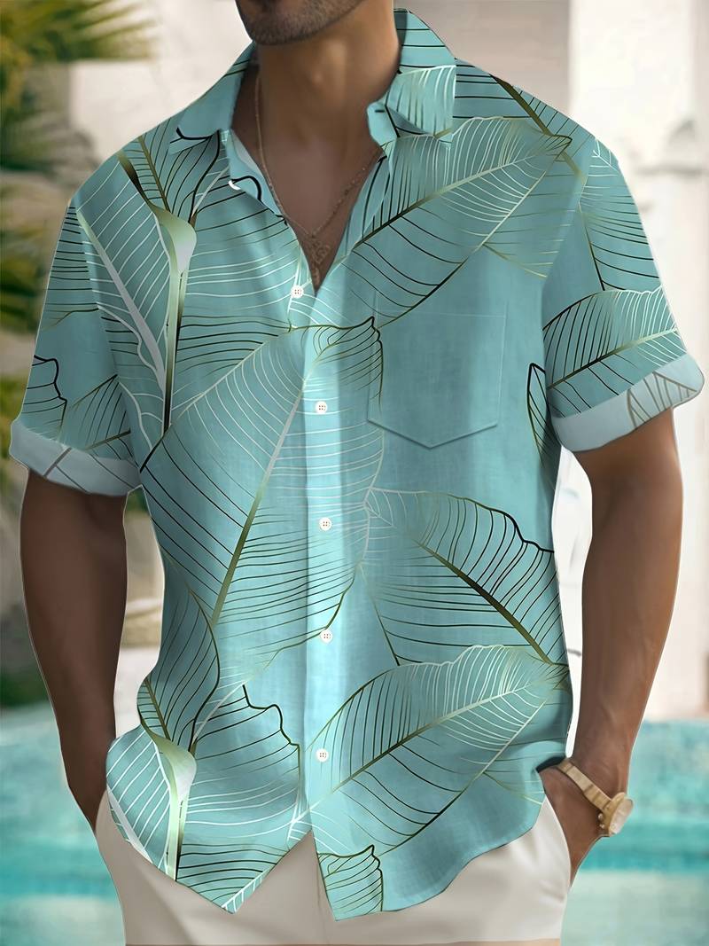 Variant image for Men's Trendy High-Quality Button-Down Shirt with Tropical Print and Short Sleeves-1