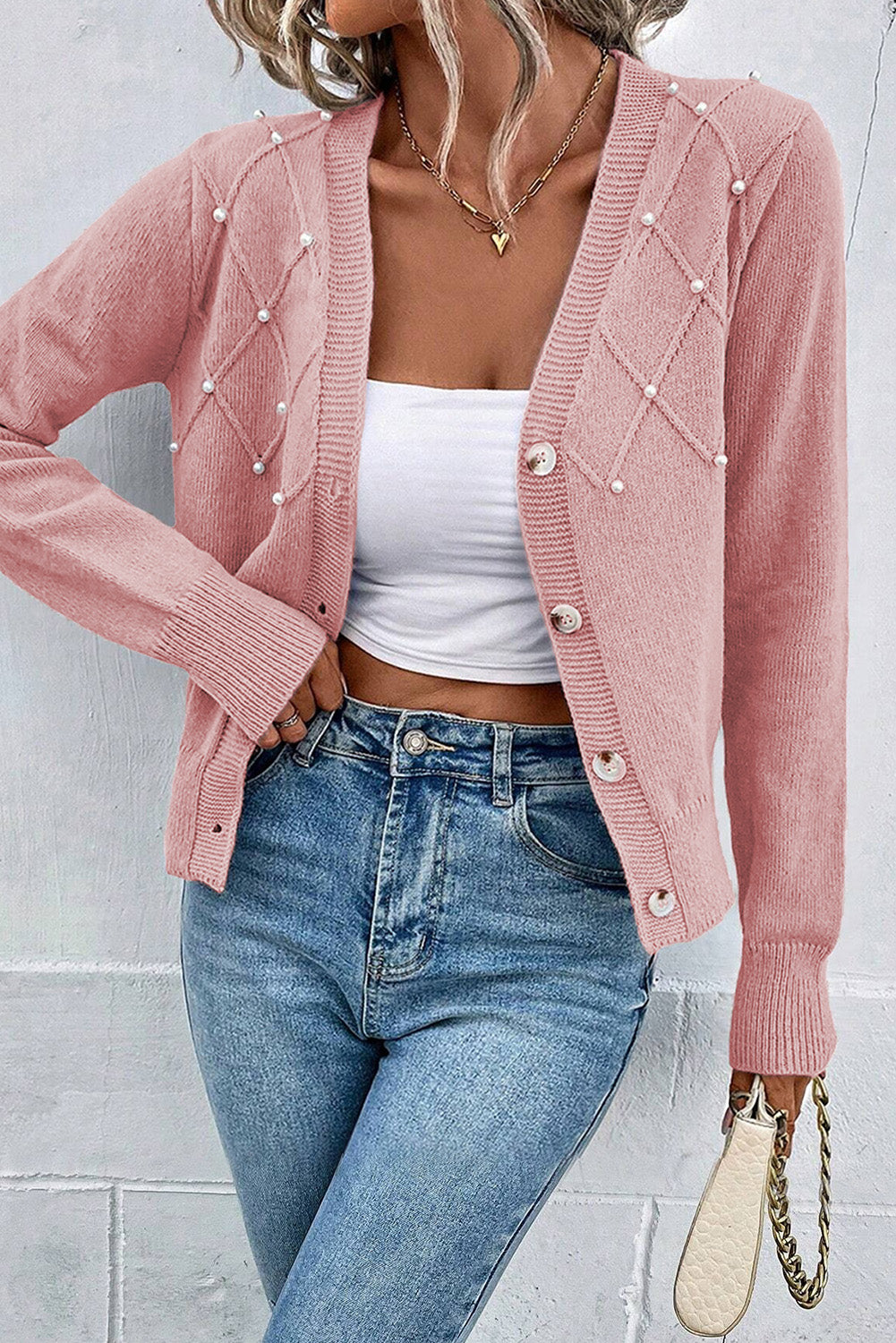 Variant image for Women's Elegant Textured Mesh Cardigan with Pearl Embellishments-1
