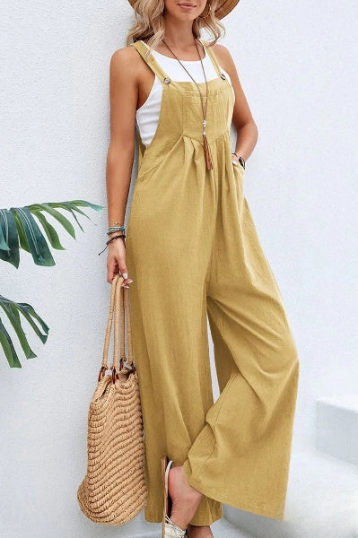 Women’s Trendy Loose Square Neck Linen Jumpsuit with Adjustable Straps | Perfect for Casual Days