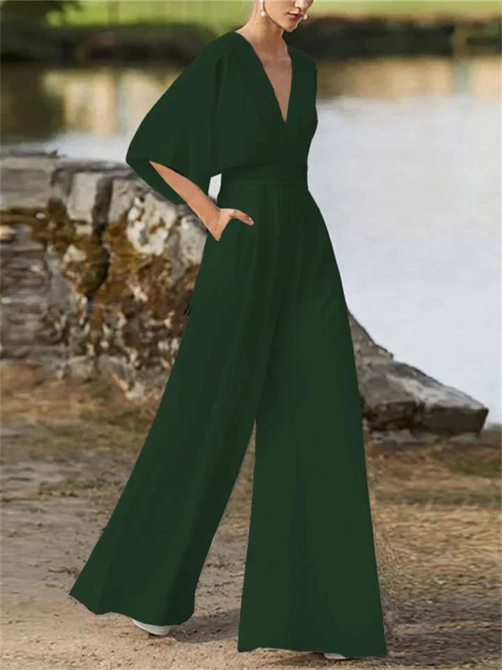 Women’s Stylish Wide-Leg V-Neck Jumpsuit with Batwing Sleeves | Perfect for Casual Days