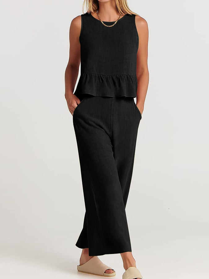 Women's Elegant Cotton Linen Loungewear Set with Ruffles