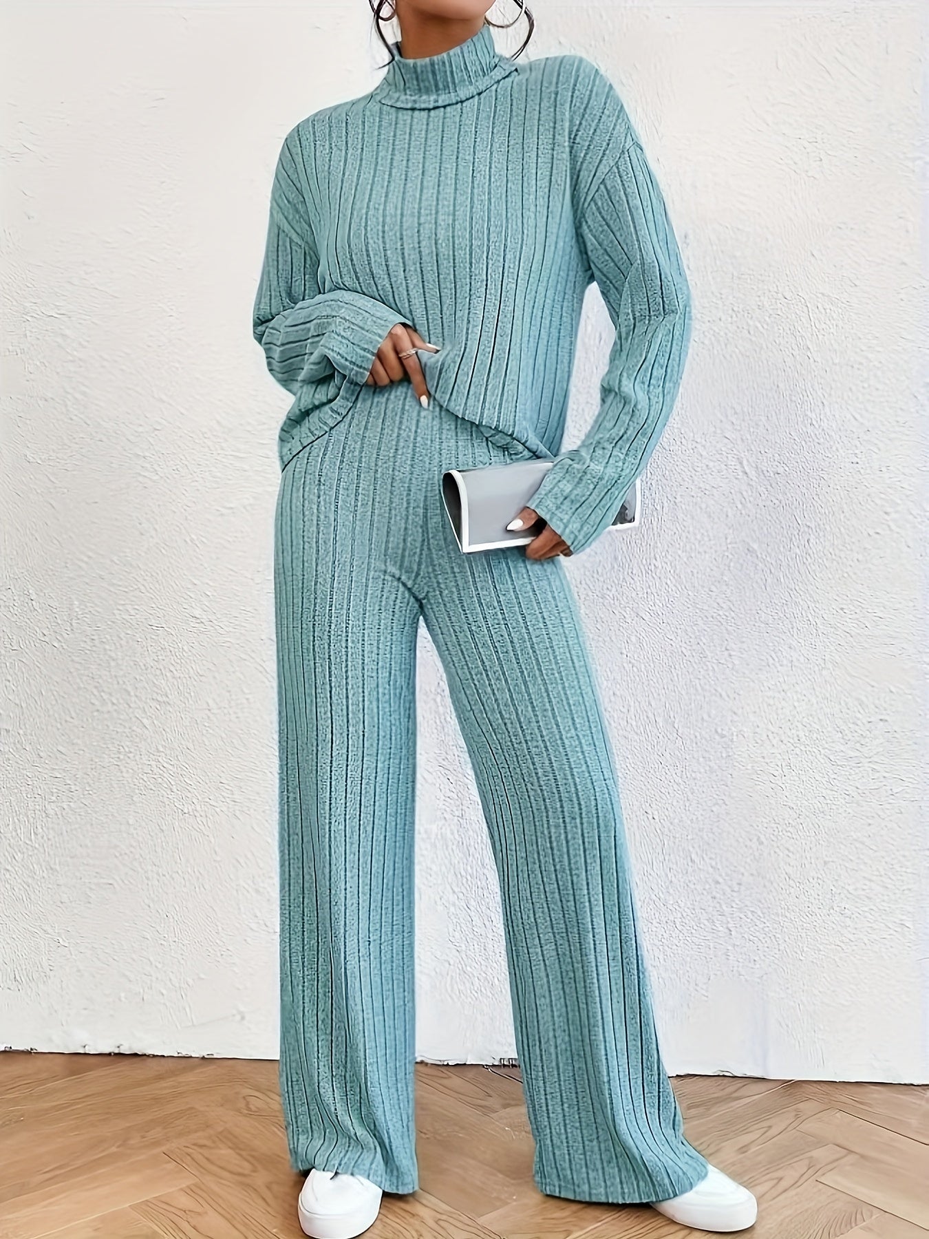 Variant image for Women's Casual Soft Fabric Sweater Set with Wide Leg Pants-19