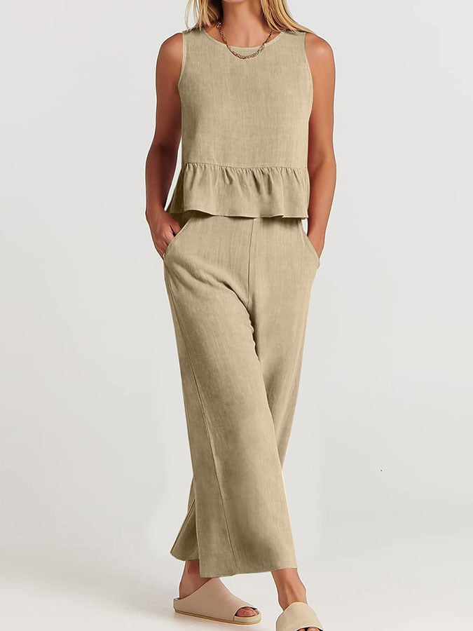 Women's Elegant Cotton Linen Loungewear Set with Ruffles