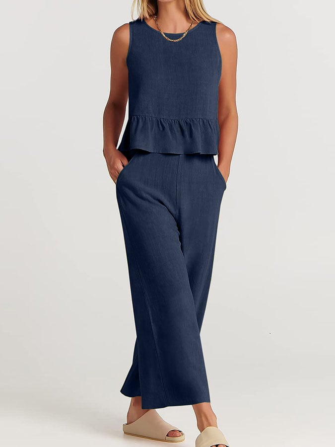 Variant image for Women's Elegant Cotton Linen Loungewear Set with Ruffles-6