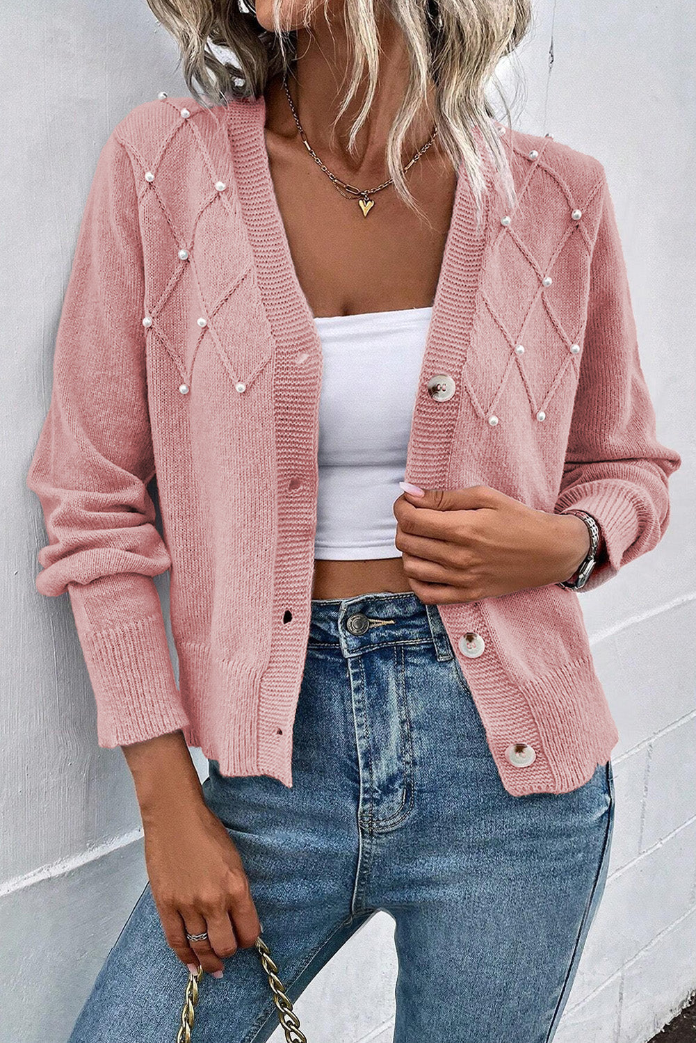 Women's Elegant Textured Mesh Cardigan with Pearl Embellishments