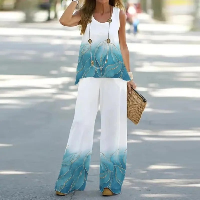 Women's Comfortable Fabric Loungewear Set with Elegant Plant Motif
