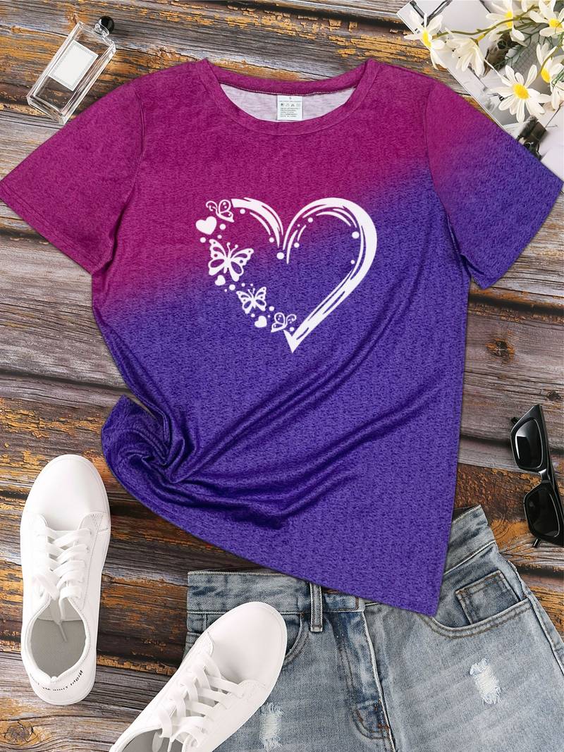 Women's Casual Cotton T-Shirt with Butterfly Heart Print