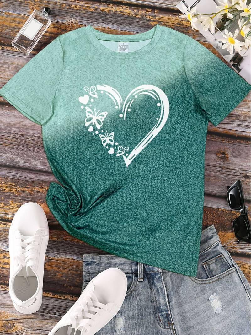 Women's Casual Cotton T-Shirt with Butterfly Heart Print