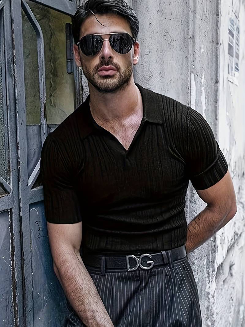 Men's Stylish Ribbed Shirt with Slim Fit Design