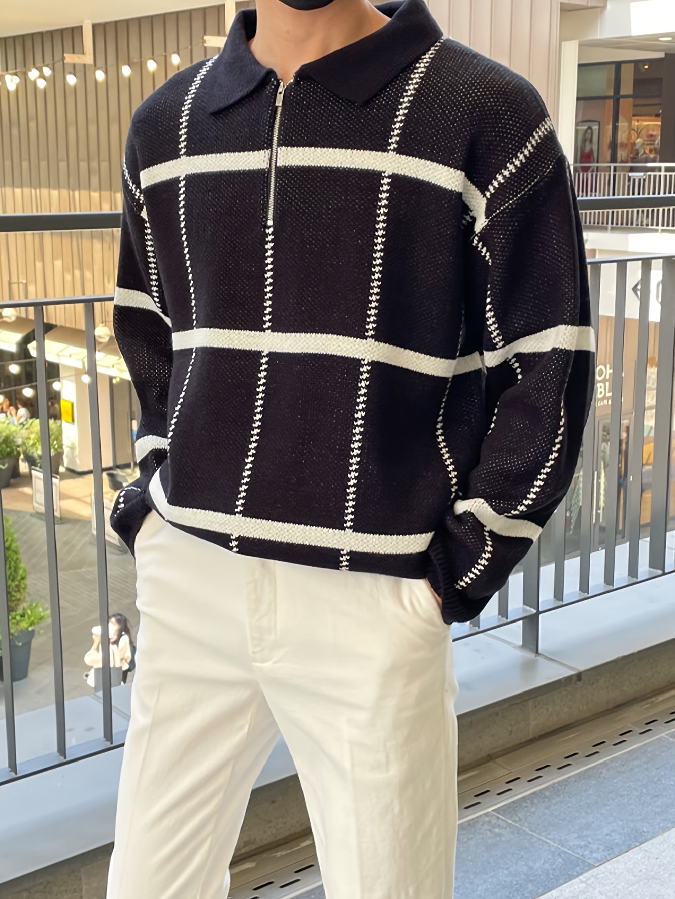 Men's Classic Quarter Zip Turn Down Collar Sweater with Plaid Design | Perfect for All Seasons