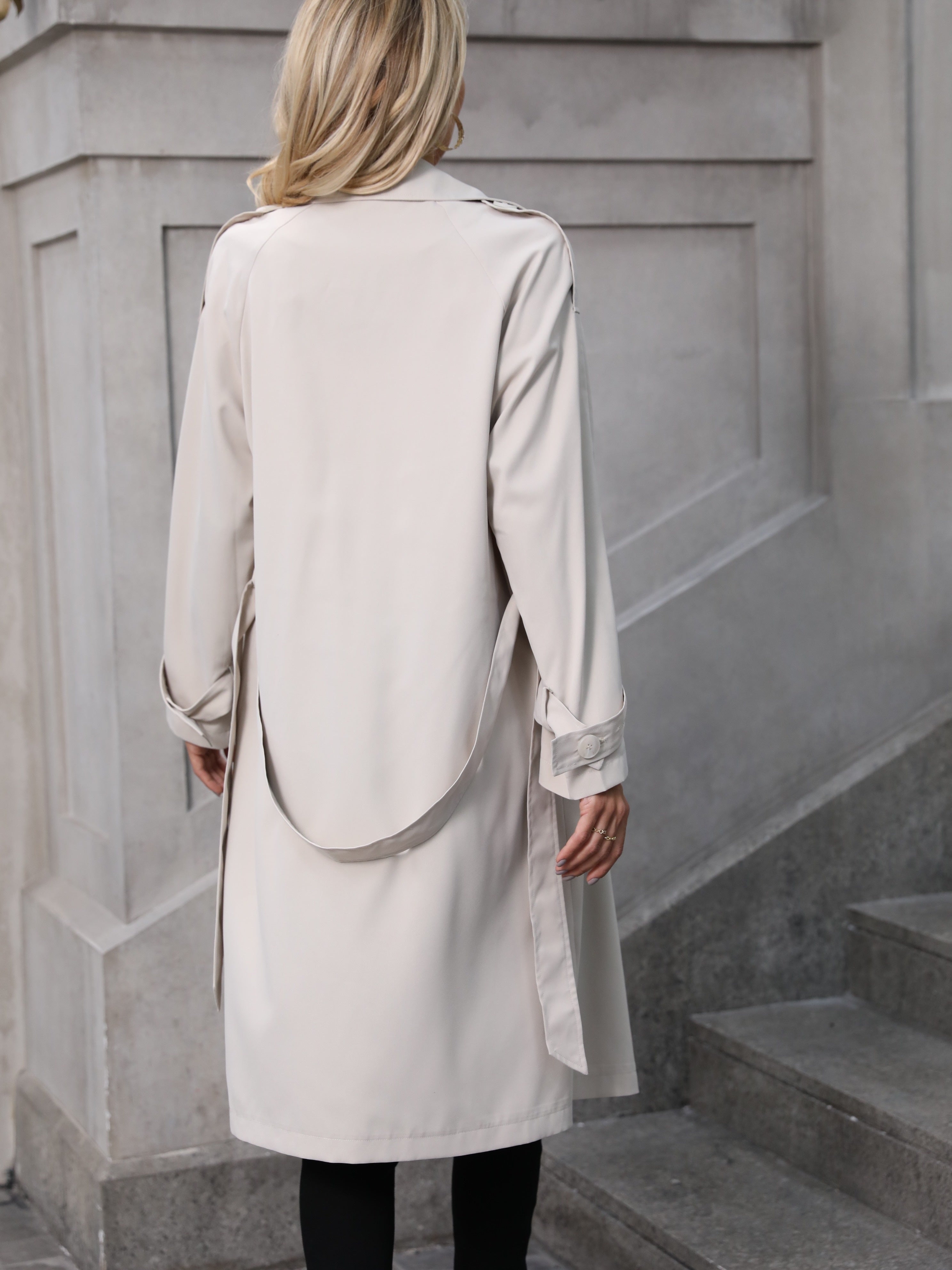 Women's Elegant Polyester Trench Coat with Belted Waist and Double Button Closure
