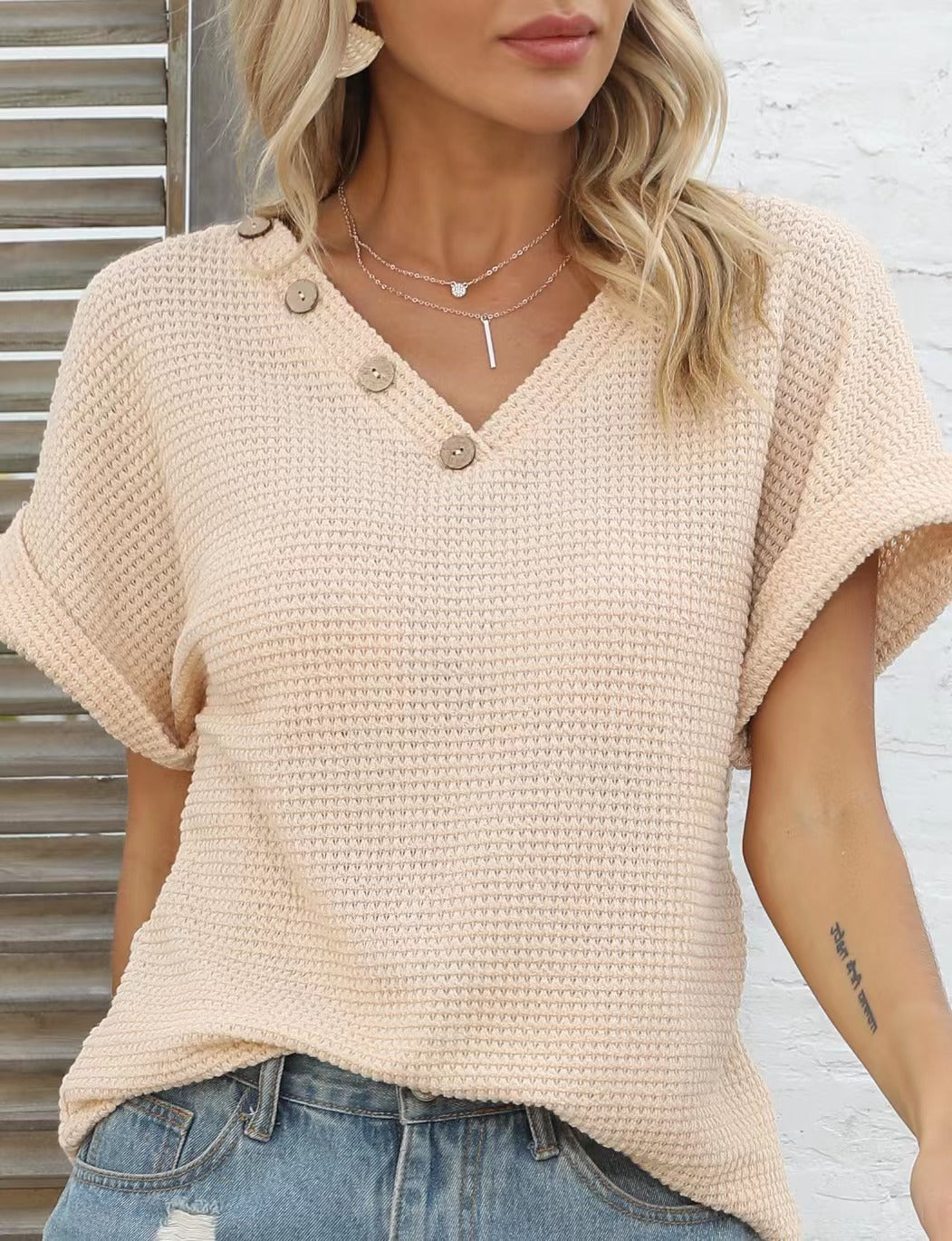 Women's Casual V-neck Shirt with Button Pattern Design | Perfect for Casual Days
