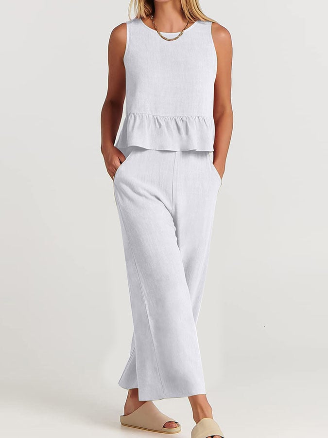 Women's Elegant Cotton Linen Loungewear Set with Ruffles